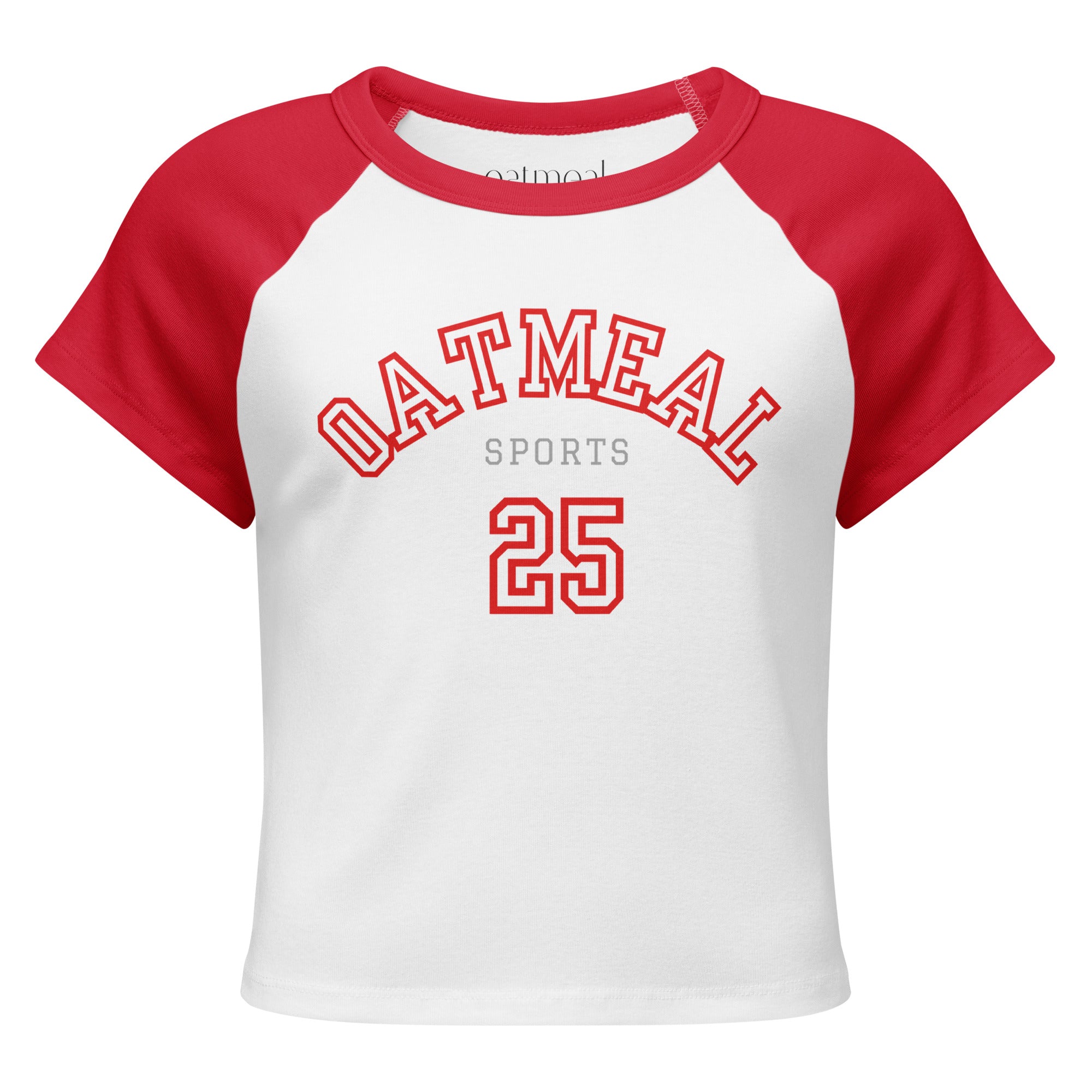 White t-shirt with red sleeves and 'oatmeal sports 25' branding on a white background at Oatmeal Apparel Co.