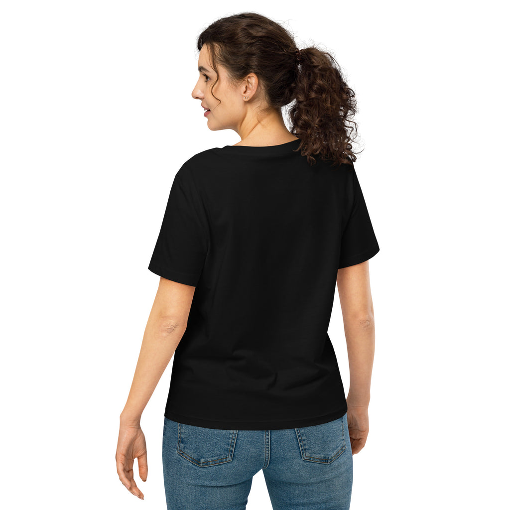 Person wearing a black t-shirt and blue jeans on a white background, showcasing the clean polished look of the Women's Organic Tee at Oatmeal Apparel Co.
