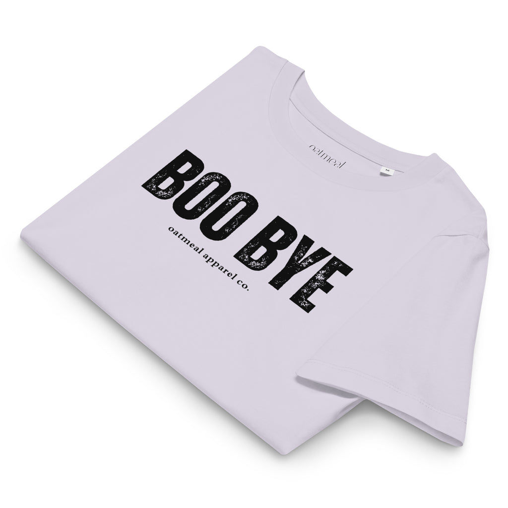 Folded lavender t-shirt with 'BOO BYE' text on a white background at Oatmeal Apparel Co.