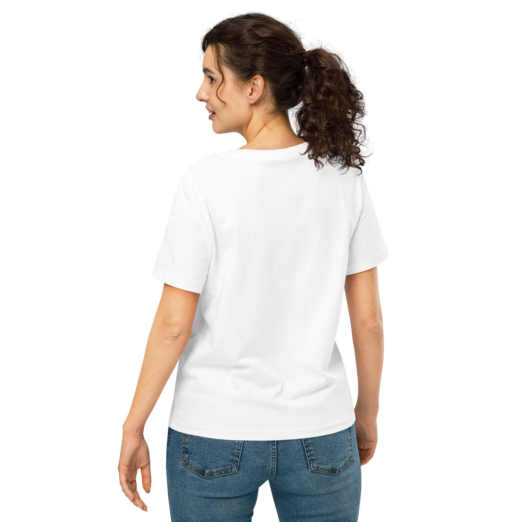 Woman wearing a plain white t-shirt and blue jeans on a white background at Oatmeal Apparel Co.