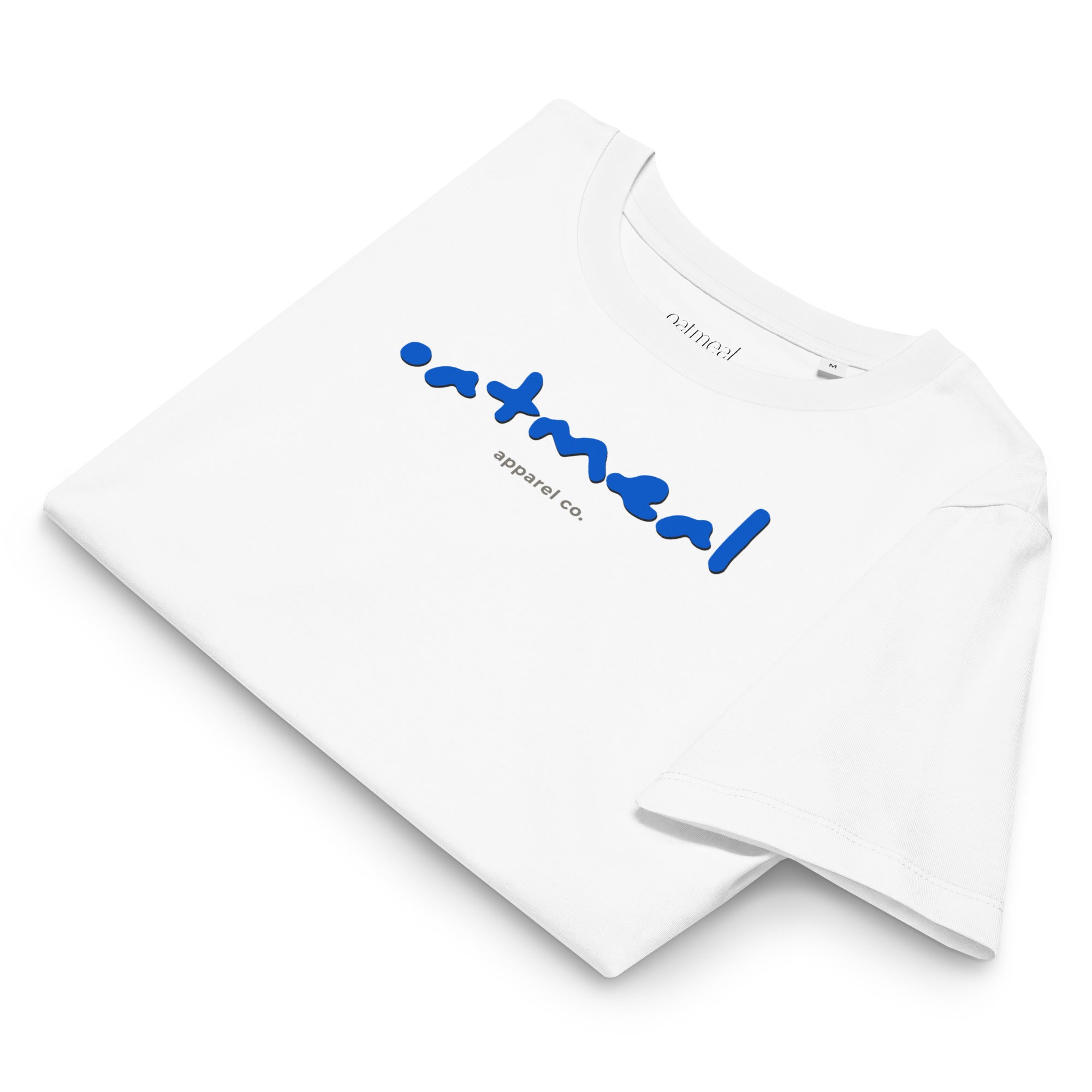White folded t-shirt with blue and black 'oatmeal apparel co.' text on a white background.