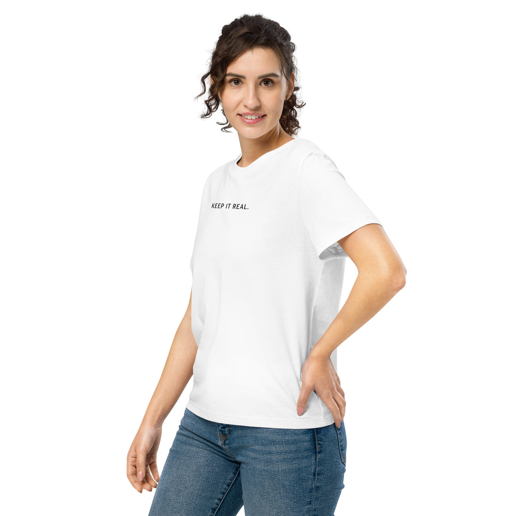 Woman wearing a 100% Organic Cotton white t-shirt with 'KEEP IT REAL' text on a white background at Oatmeal Apparel Co.